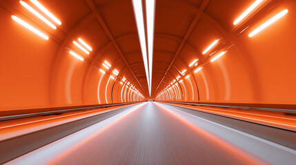 Fototapeta premium Symmetrical view of a glowing orange futuristic tunnel with illuminated walls and floor panels.