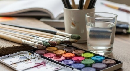 Close-up of watercolor paints, brushes, and water glass capturing the essence of artistic expression