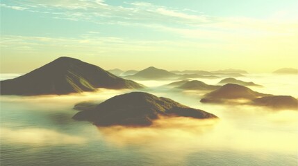 A serene landscape of green mountains shrouded in mist with golden sunlight piercing through the clouds above,