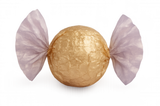 Metallic gold chocolate candy piece wrapped in purple foil edges, positioned on clear background
