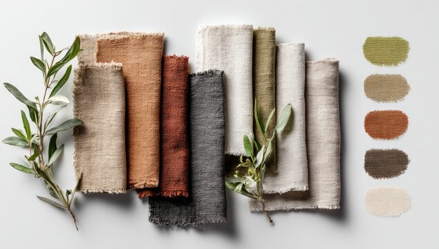 Natural fabrics in various earthy tones, displayed with olive branches