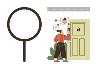Woman interacts with smart doorbell showing facial recognition features for safety. Ideal for security, technology, innovation, privacy, accessibility, smart home, daily life. Simple flat metaphor