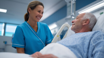 Obraz premium Smiling nurse providing care to an elderly male patient lying in a hospital bed.