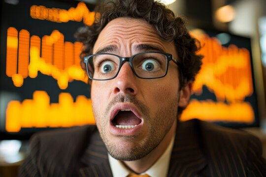 Shocked businessman reacting to stock market chart in office, reviewing financial data with concern after a significant drop in value, Generative AI