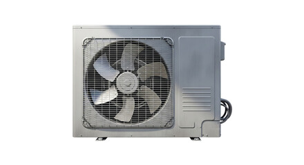 Isolated realistic 3D render of an outdoor air conditioning unit. Weathered industrial cooling system with visible fan blades and metallic casing on white