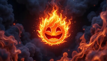 Fototapeta premium Happy flaming face smiles brightly amidst dark smoke and fiery particles
