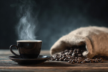 Fototapeta premium Hot dark coffee and fresh roasted beans on rustic wood.