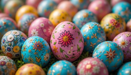 Fototapeta premium Colorful easter eggs with floral designs arranged on grass for a spring holiday