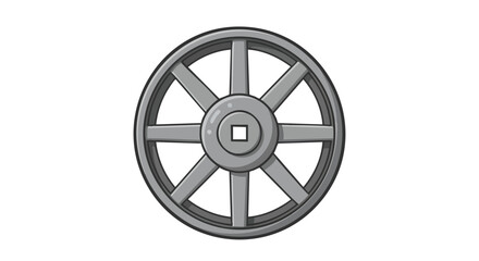 Obraz premium Detailed artistic illustration of a gray vintage wooden wagon wheel, centered against a stark white backdrop, showcasing craftsmanship and rustic