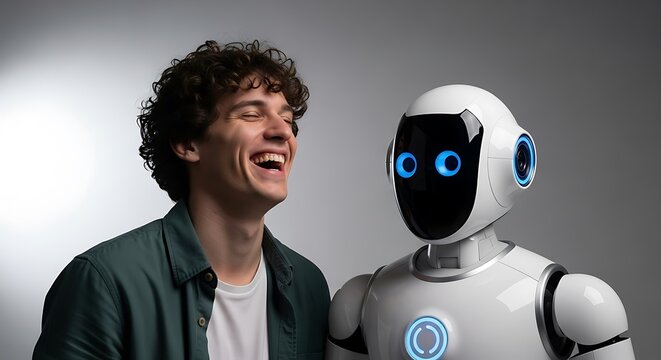 Man laughing with a futuristic robot android artificial intelligence