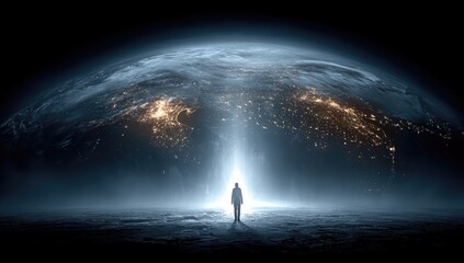 A solitary figure stands before a luminous Earth