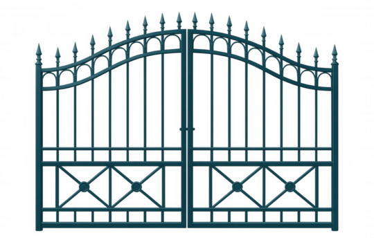 Closed metal gate with decorative elements providing security and privacy on a transparent background