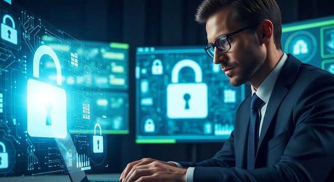 Man in suit working on laptop with digital security graphics