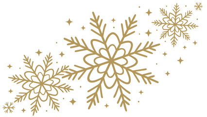 Elegant gold snowflake decorations with sparkling stars on a clean white background