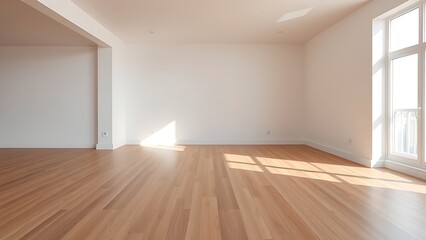 Minimalist living room with wooden floors, embodying clean and spacious design.