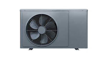 A modern outdoor air conditioner condenser unit with a large exhaust fan for efficient climate control and ventilation, isolated on a white background