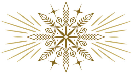 Elegant gold snowflake design with radiant rays and starbursts on white background