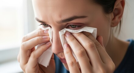 crying woman wiping tears with tissues, close up portrait