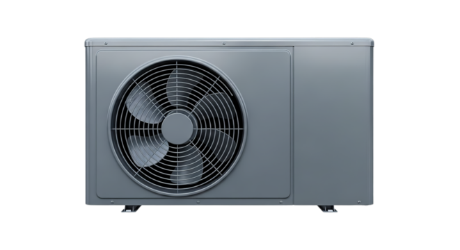 A modern outdoor air conditioner condenser unit with a large exhaust fan for efficient climate control and ventilation, isolated on a white background