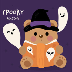 halloween bear read book kawaii animal wear witch hat costume festival card