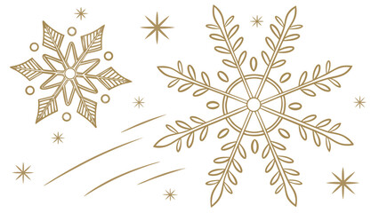 Elegant gold snowflake designs and shooting stars on a clean white background for winter celebrations