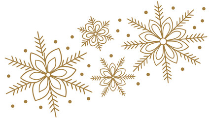 Elegant gold snowflake designs with scattered dots on a clean white background for winter holidays
