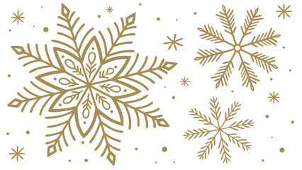 Elegant gold snowflakes and dots scattered across a clean white background for a festive winter holiday design