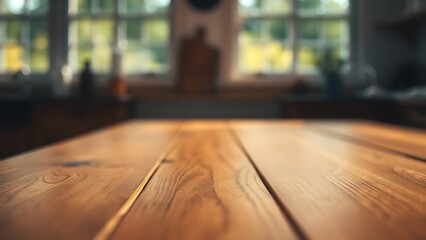 Close-up of a wooden table with soft bokeh in the background, evoking a warm and simple aesthetic.