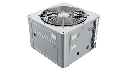 A modern residential air conditioning condenser unit featuring a large top-mounted exhaust fan for efficient climate control, isolated