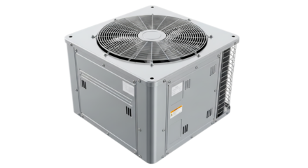 A modern residential air conditioning condenser unit featuring a large top-mounted exhaust fan for efficient climate control, isolated