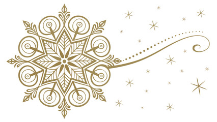Elegant golden snowflake design with swirling decorative elements and scattered stars on a white background