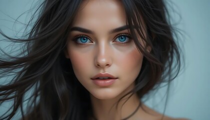 Obraz premium Portrait of a beautiful woman with striking blue eyes and flowing dark hair style