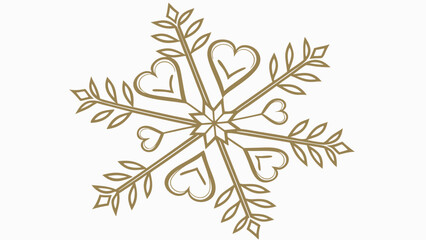 Elegant golden snowflake with heart shaped petals and leafy accents on white background