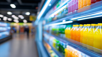 Bottles of colorful beverages in a refrigerated display case inside a supermarket aisle.