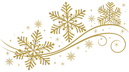 Elegant golden snowflakes and swirling lines create a festive winter holiday design on a white background