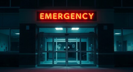 Hospital emergency room entrance at night with neon sign
