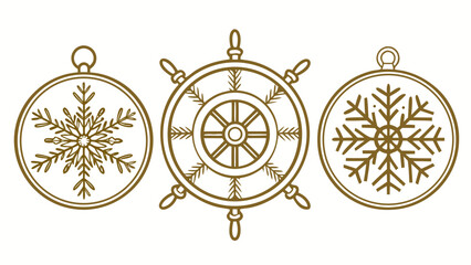 Three decorative winter holiday ornaments featuring snowflakes and a ship s wheel in a simple line art style