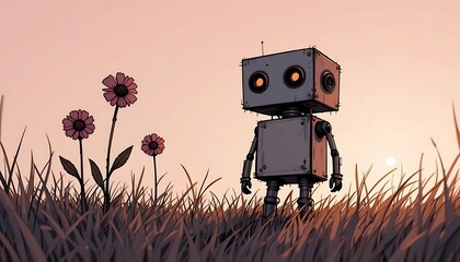 Lonely robot standing in a field of flowers at sunset with a warm color palette