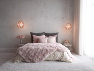A stylish, romantic bedroom design with rose gold accents and a soft, plush pink fur throw.