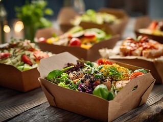 caesar salad with fried chicken meat take away plastic carton package lunch box food delivery