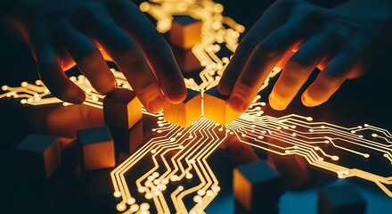 Hands arranging glowing circuit blocks technology innovation