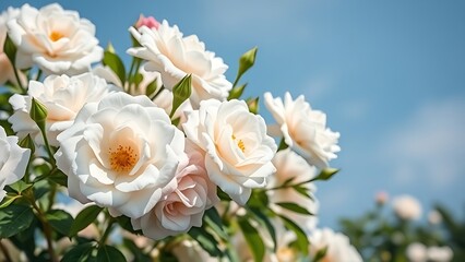 Close-up of white bush roses in full bloom against a soft blue sky, embodying spring garden beauty.