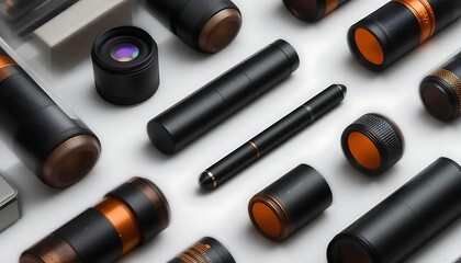 Elegant collection of black and bronze writing instruments and accessories on white