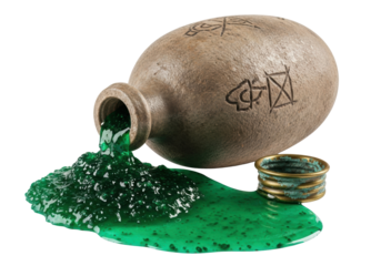 Weathered earthenware flask horizontally oozing murky emerald liquid, brass lid partially submerged on transparent studio background with copy space, mysterious alchemical experiment