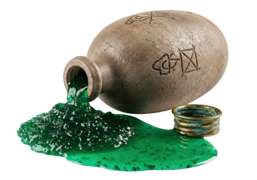 Weathered earthenware flask horizontally oozing murky emerald liquid, brass lid partially submerged on transparent studio background with copy space, mysterious alchemical experiment