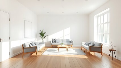 Fototapeta premium Minimalist living room with mid-century modern furniture, white walls, and wood flooring in natural light.