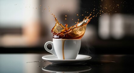 Dramatic coffee splash in a white cup capturing a moment of caffeinated refreshment
