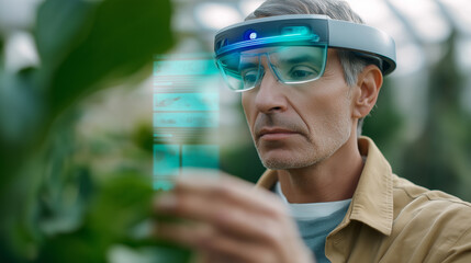 Male agronomist using augmented reality smart glasses to analyze plant health in a greenhouse.