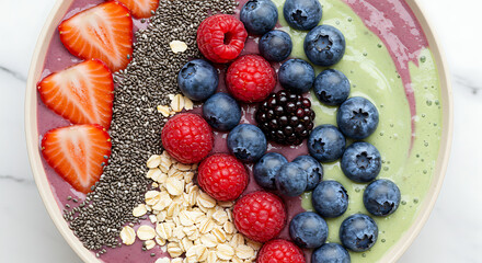 Vibrant and nutritious breakfast smoothie bowl brimming with an assortment of fresh berries, chia seeds, and wholesome oats, perfect for a healthy start to the day