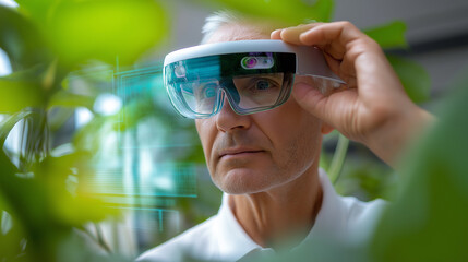 Man using augmented reality smart glasses interacting with a transparent digital interface.